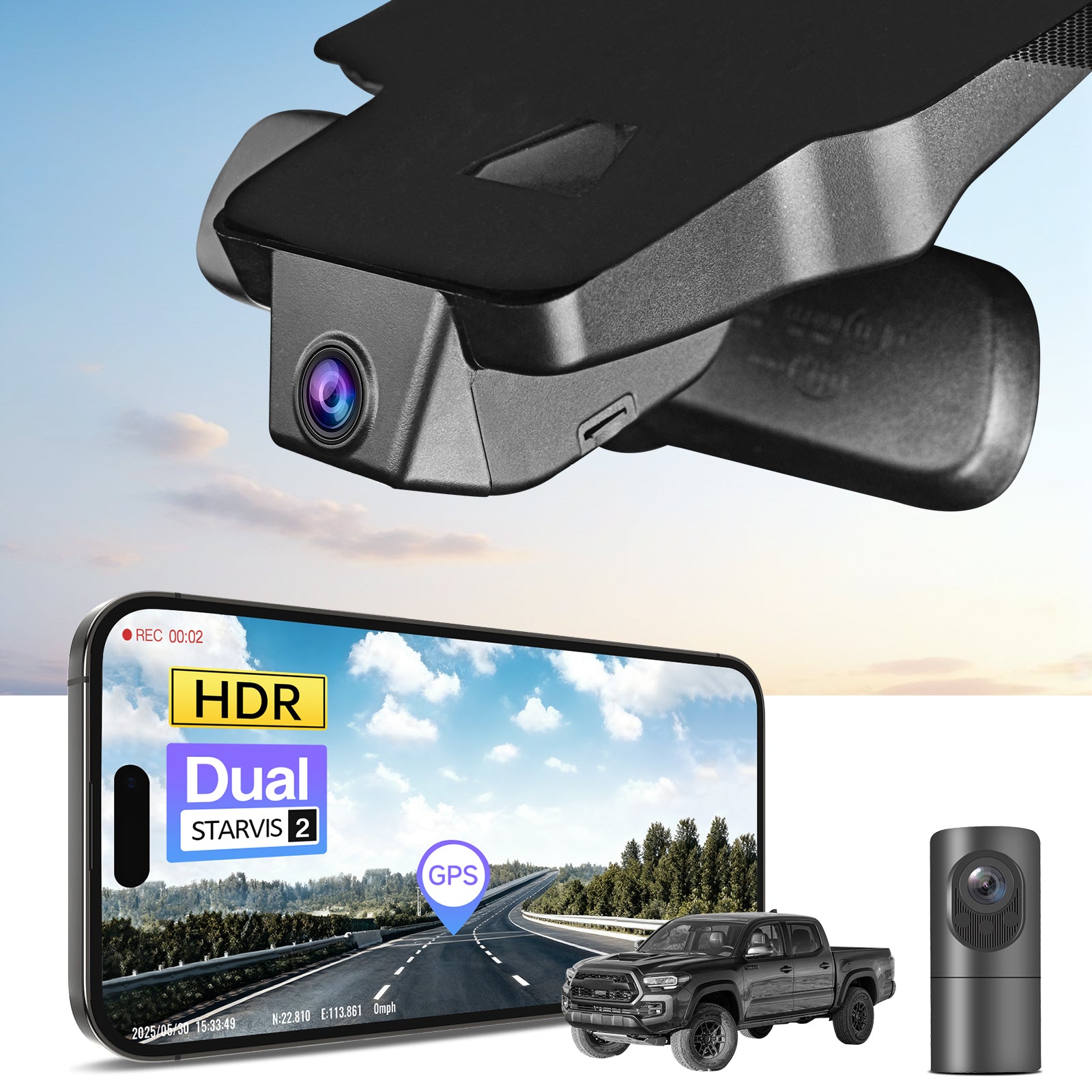 2 channel dash cam with dual STARVIS 2, features smartphone app control, 4K Ultra HD recording, GPS tracking, and Toyota Tacoma Pickup models in the background.  