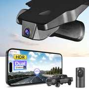 2 channel dash cam with dual STARVIS 2, features smartphone app control, 4K Ultra HD recording, GPS tracking, and Toyota Tacoma Pickup models in the background.  