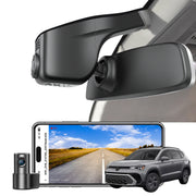 2 channel dash cam with dual STARVIS 2, features smartphone app control, 4K Ultra HD recording, GPS tracking, and Volkswagen Taos SUV models in the background.  