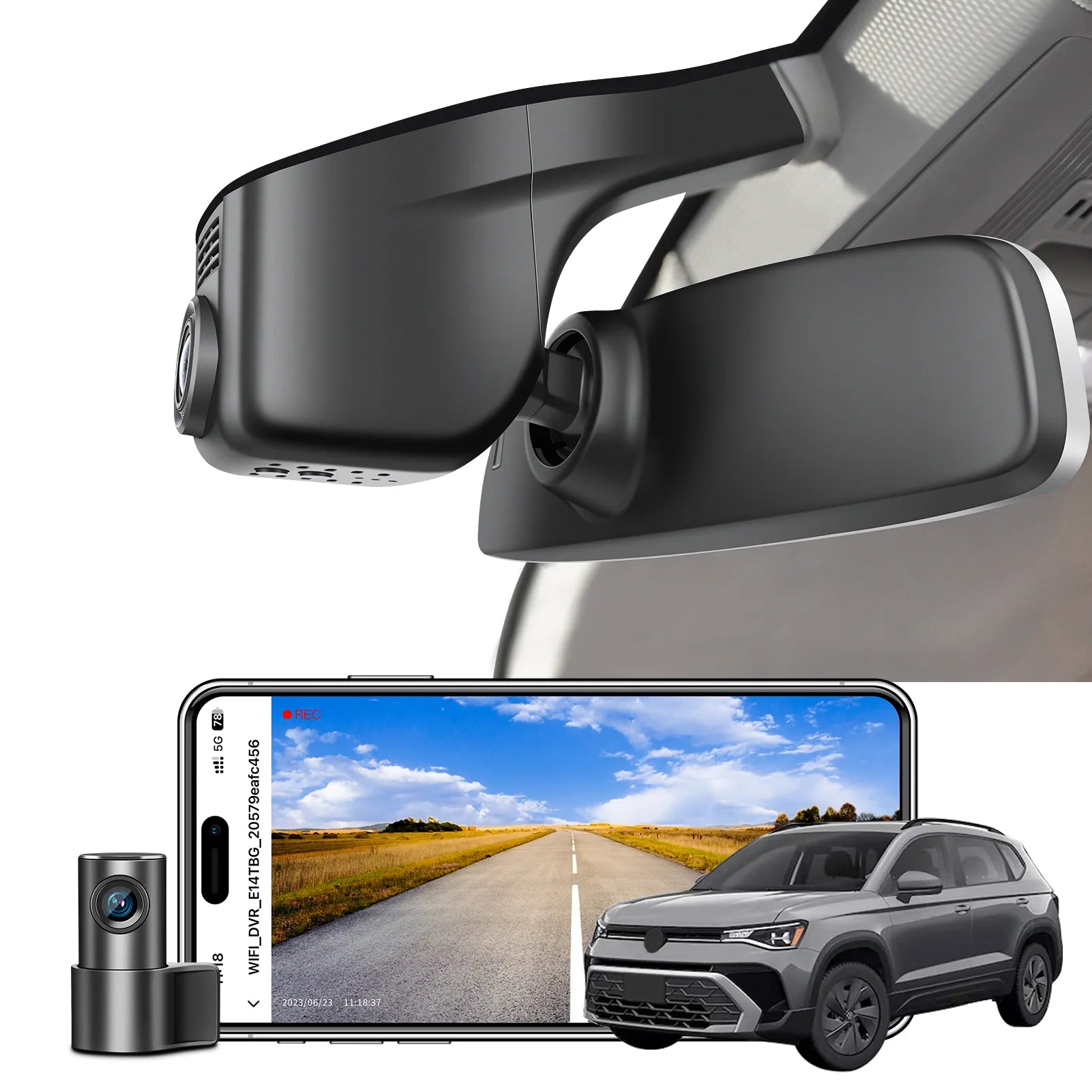 2 channel dash cam with dual STARVIS 2, features smartphone app control, 4K Ultra HD recording, GPS tracking, and Volkswagen Taos SUV models in the background.  