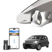 2 channel dash cam with dual STARVIS 2, features smartphone app control, 4K Ultra HD recording, GPS tracking, and Volkswagen up! & E-up vans models in the background.  