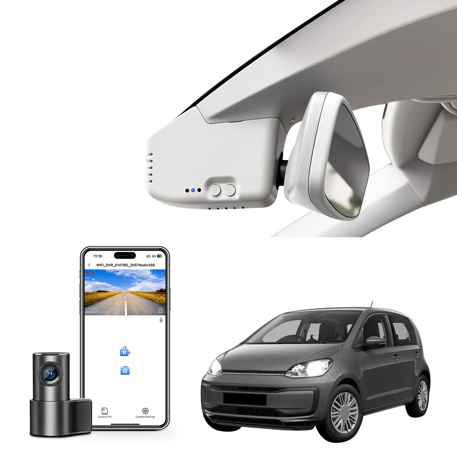 2 channel dash cam with dual STARVIS 2, features smartphone app control, 4K Ultra HD recording, GPS tracking, and Volkswagen up! & E-up vans models in the background.  