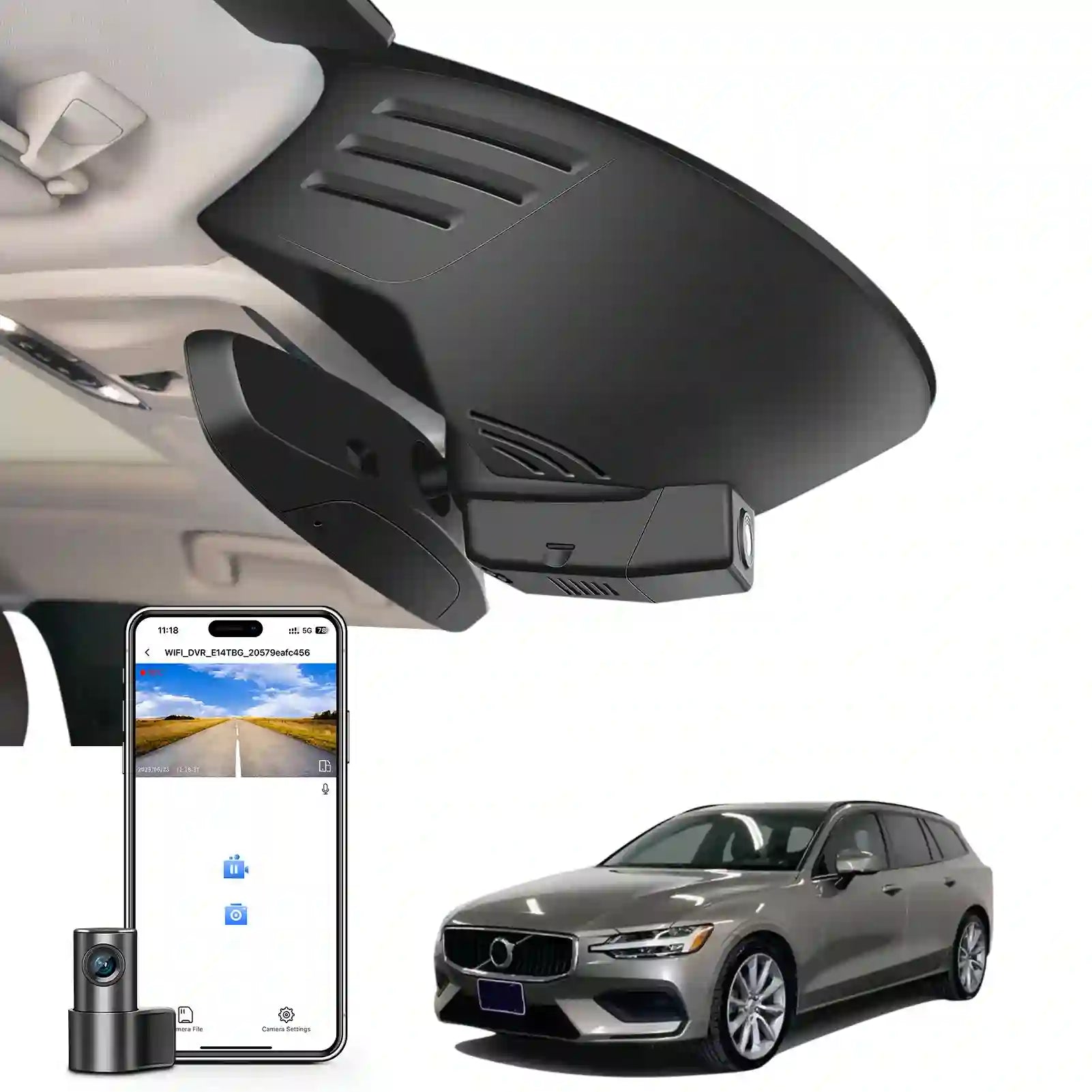 2 channel dash cam with dual STARVIS 2, features smartphone app control, 4K Ultra HD recording, GPS tracking, and Volvo S60 Sedan, V60 Wagon in the background.  