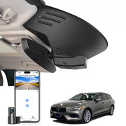 2 channel dash cam with dual STARVIS 2, features smartphone app control, 4K Ultra HD recording, GPS tracking, and Volvo S60 Sedan, V60 Wagon in the background.  