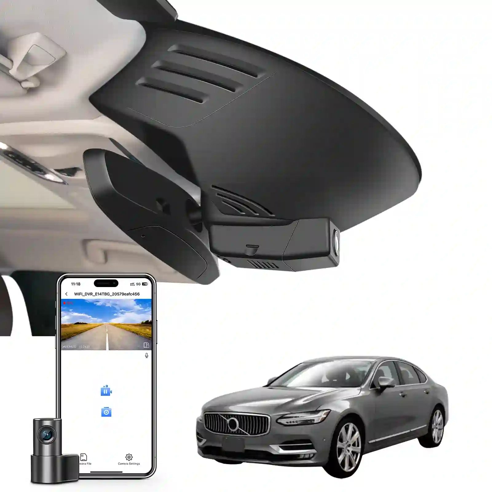 2 channel dash cam with dual STARVIS 2, features smartphone app control, 4K Ultra HD recording, GPS tracking, and Volvo S90 Sedan, V90 Wagon in the background.  