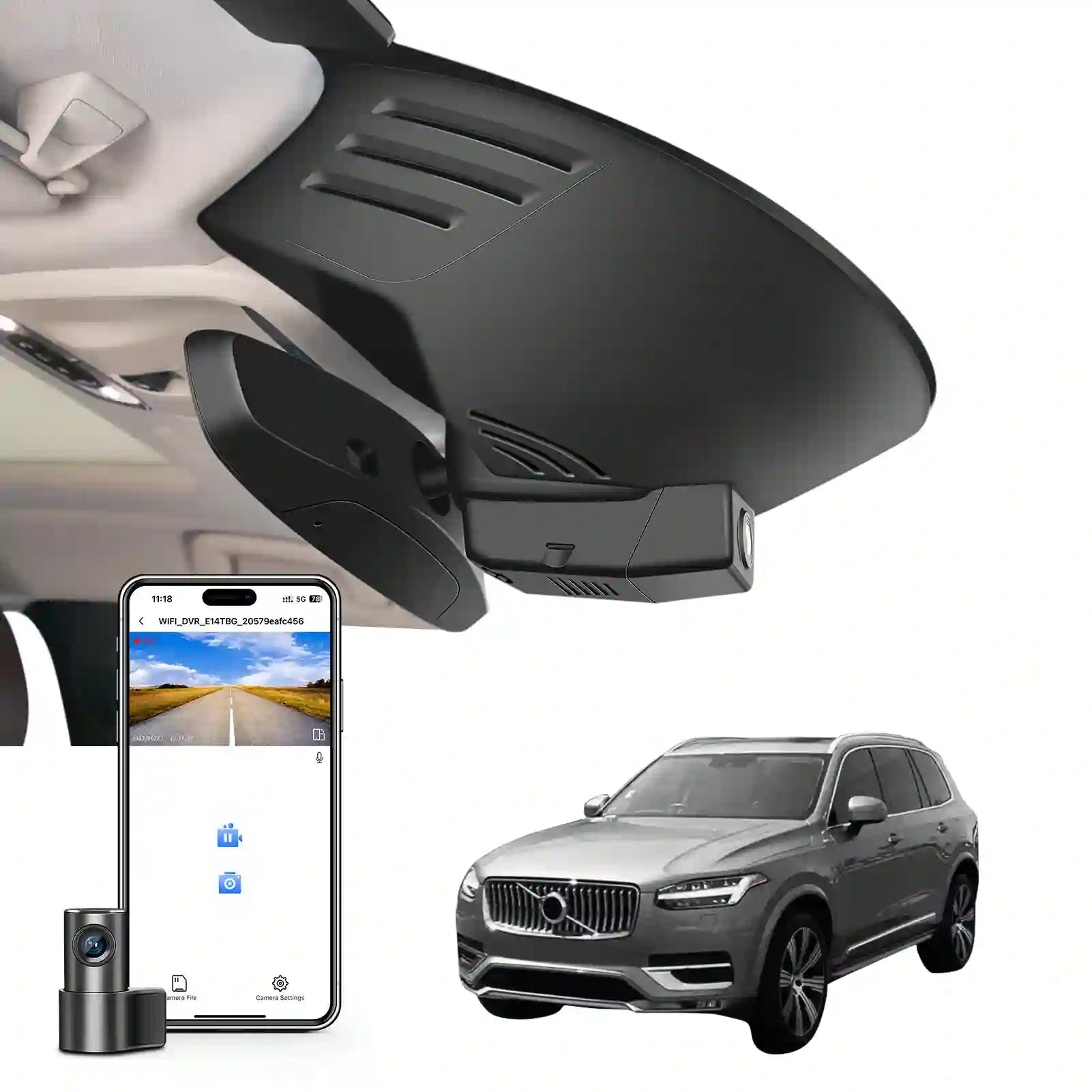 2 channel dash cam with dual STARVIS 2, features smartphone app control, 4K Ultra HD recording, GPS tracking, and Volvo XC90 SUV in the background.  