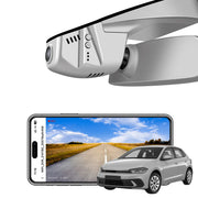 Car rearview mirror built-in dash cam with smartphone app control, 4K Ultra HD recording, GPS tracking, and Volkswagen POLO Sedans models in the background.