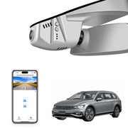 Car rearview mirror built-in dash cam with smartphone app control, 4K Ultra HD recording, GPS tracking, and Volkswagen Passat Sedan models in the background.