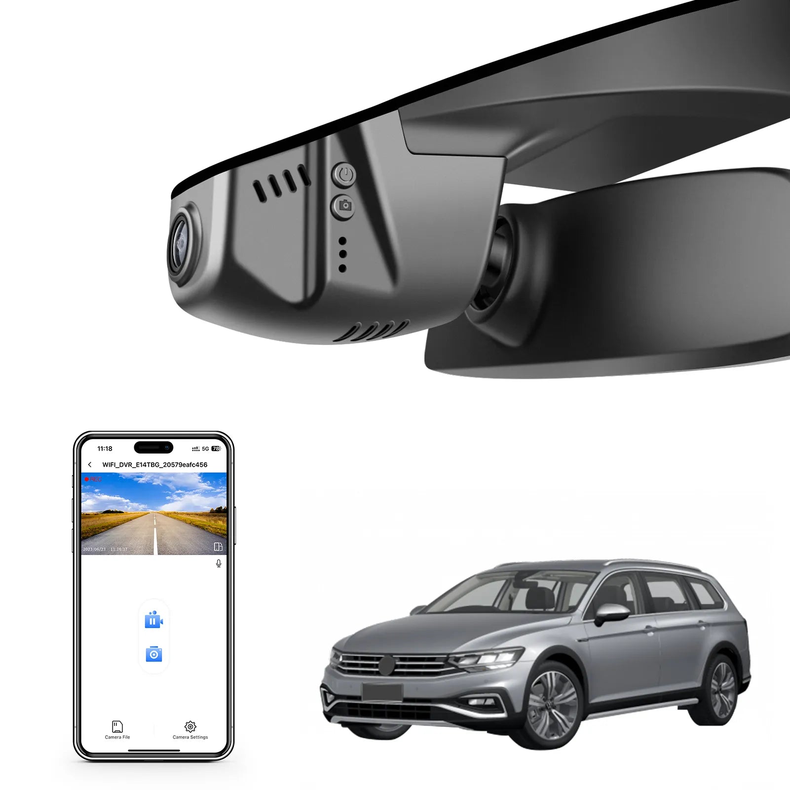Car rearview mirror built-in dash cam with smartphone app control, 4K Ultra HD recording, GPS tracking, and Volkswagen Passat Sedan models in the background.