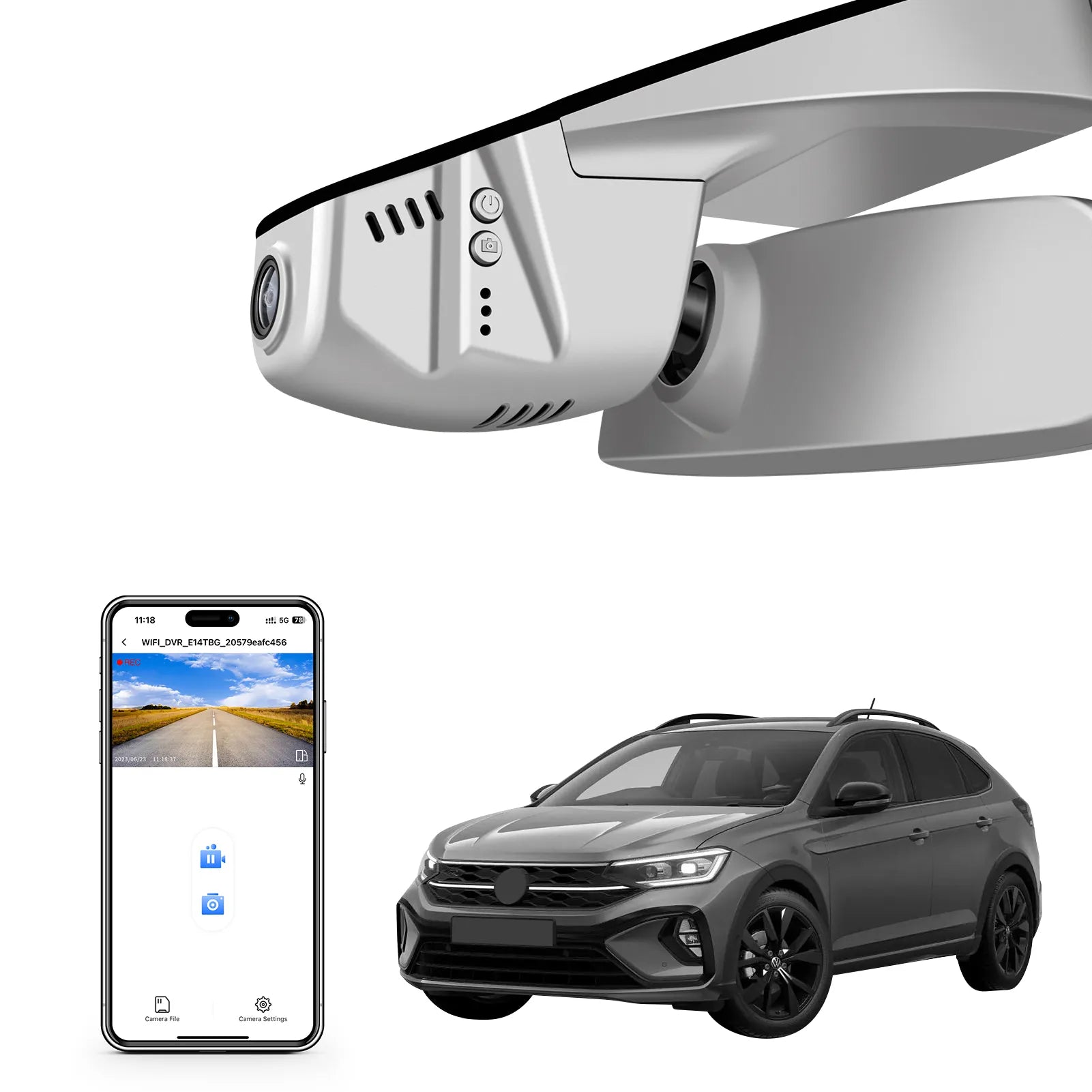 Car rearview mirror built-in dash cam with smartphone app control, 4K Ultra HD recording, GPS tracking, and Volkswagen Taigo SUV models in the background.
