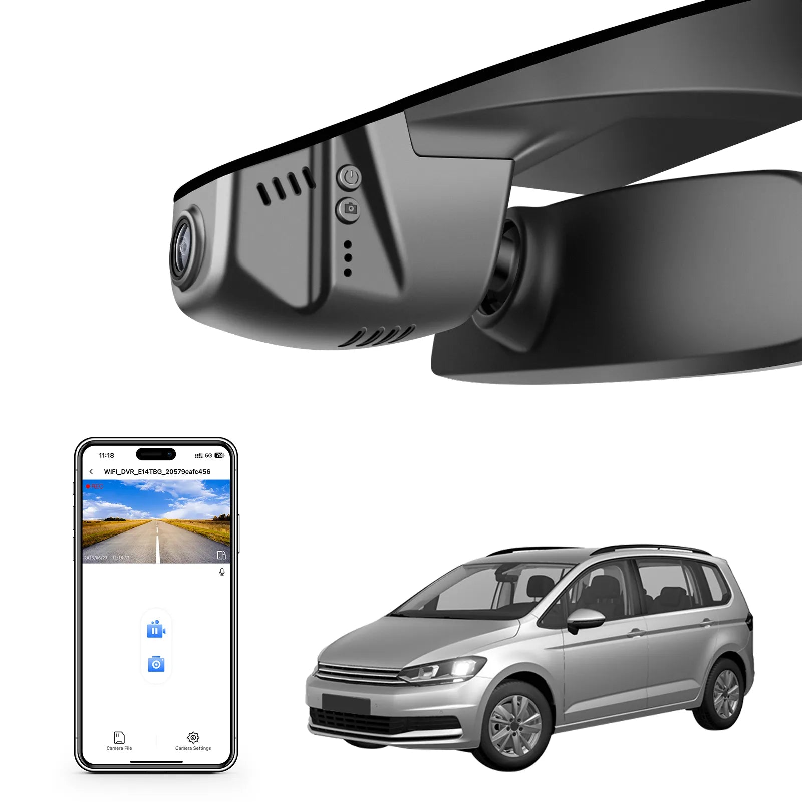 Car rearview mirror built-in dash cam with smartphone app control, 4K Ultra HD recording, GPS tracking, and Volkswagen Touran MPV models in the background.