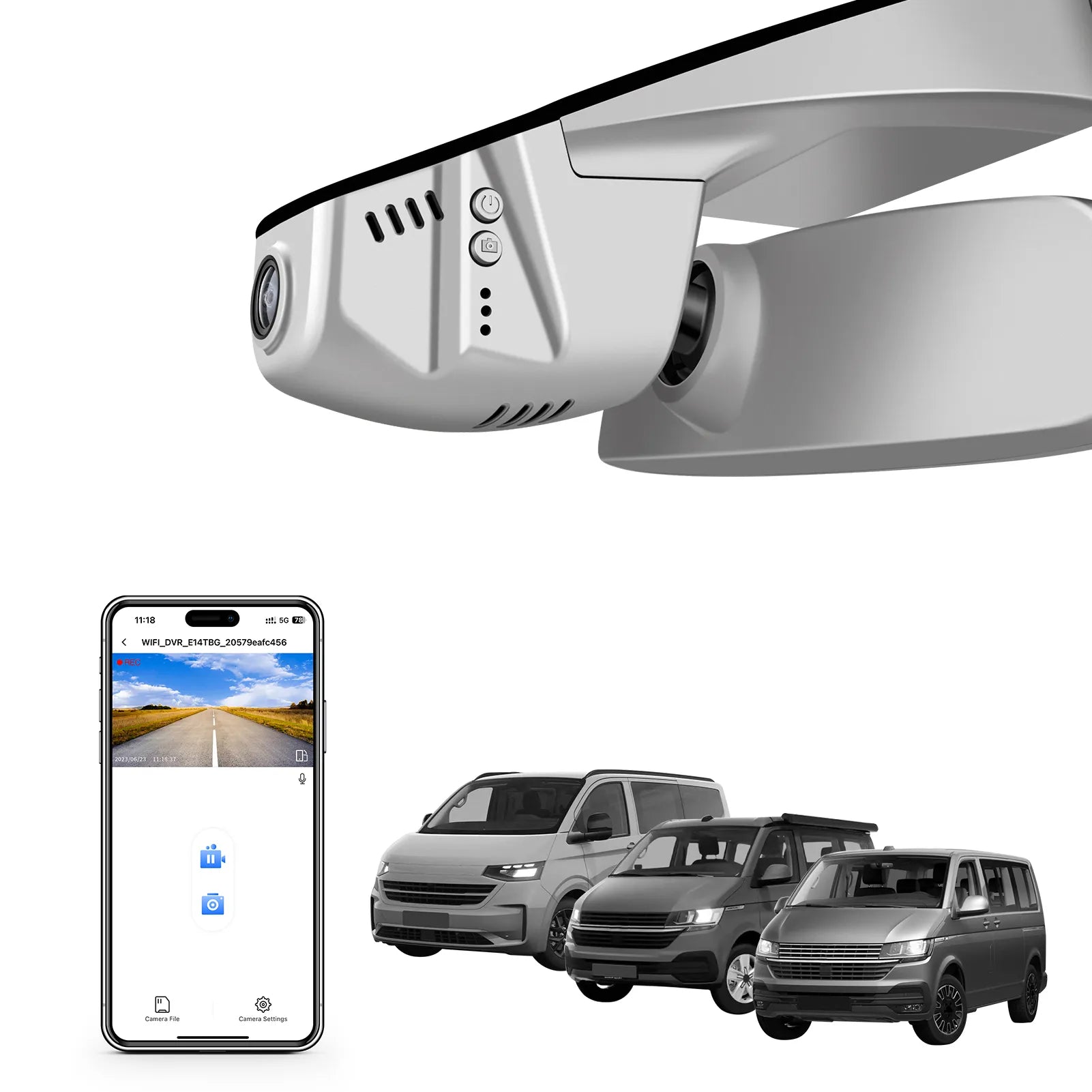 Car rearview mirror built-in dash cam with smartphone app control, 4K Ultra HD recording, GPS tracking, and Volkswagen Transporter van models in the background.