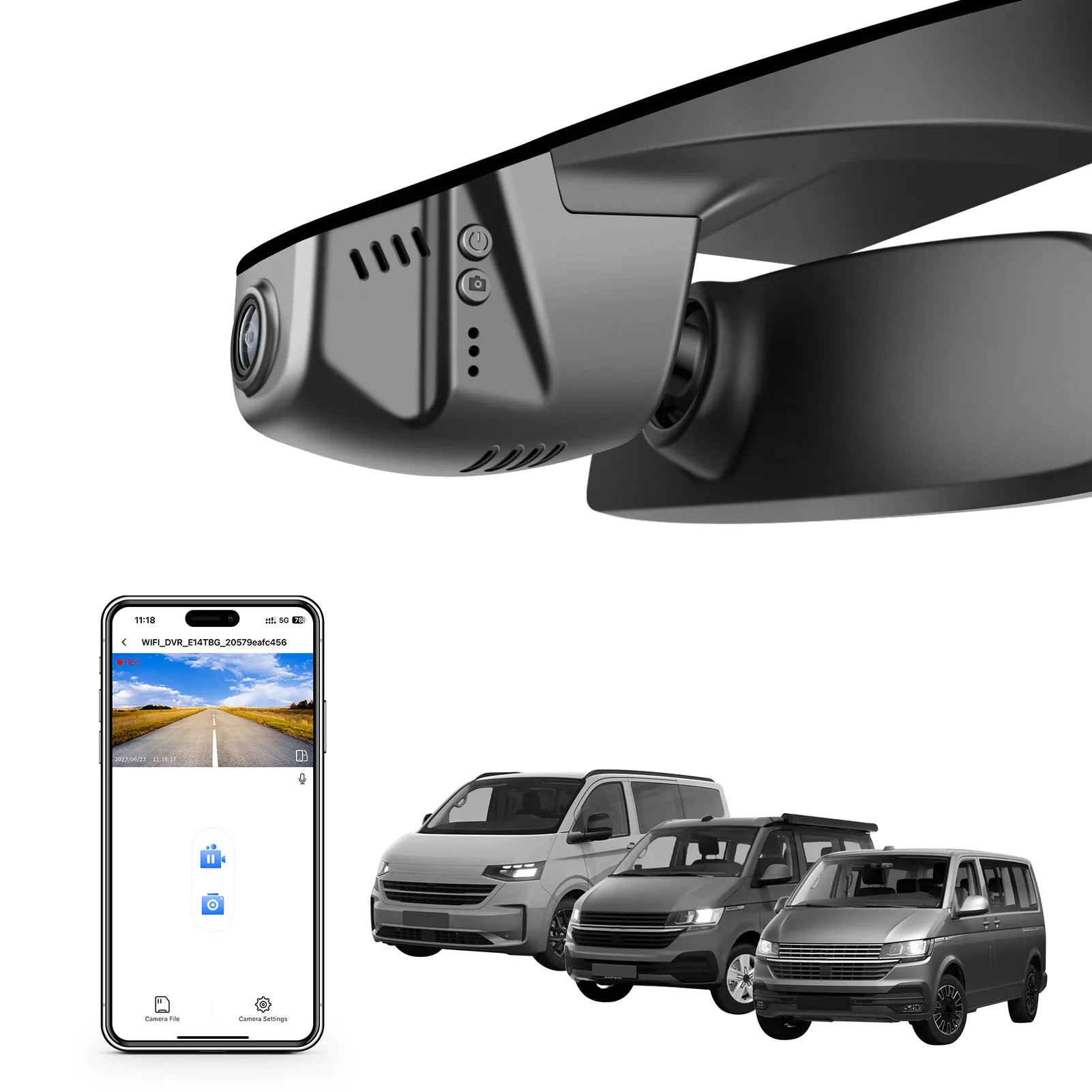 Car rearview mirror built-in dash cam with smartphone app control, 4K Ultra HD recording, GPS tracking, and Volkswagen Transporter van models in the background.