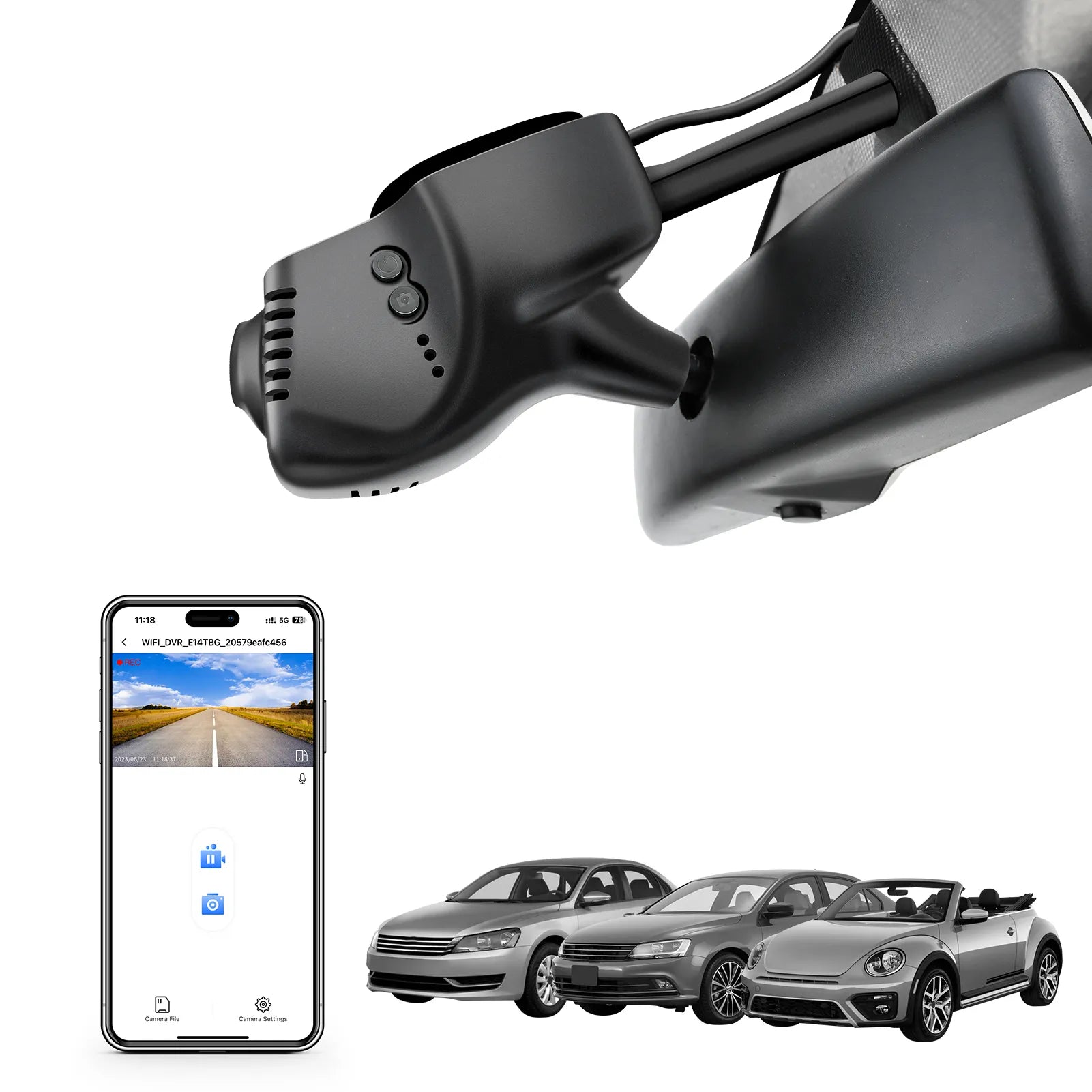 Car rearview mirror built-in dash cam with smartphone app control, 4K Ultra HD recording, GPS tracking, and Volkswagen vehicle models in the background.