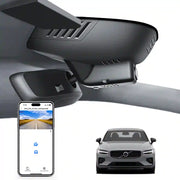 Car rearview mirror built-in dash cam with smartphone app control, 4K Ultra HD recording, GPS tracking, and Volvo S60 Sedan, V60 Wagon models in the background.