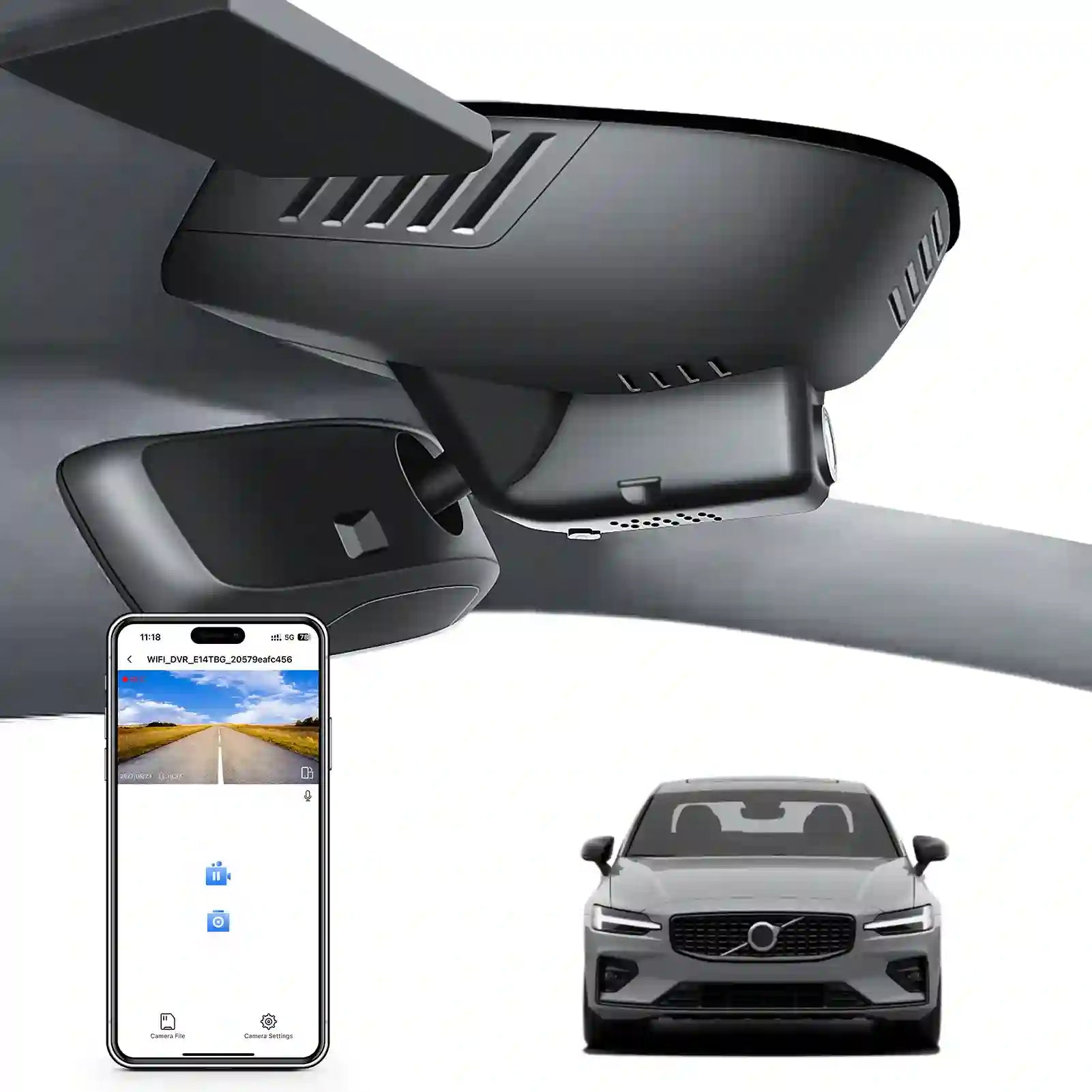 Car rearview mirror built-in dash cam with smartphone app control, 4K Ultra HD recording, GPS tracking, and Volvo S60 Sedan, V60 Wagon models in the background.