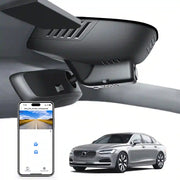 Car rearview mirror built-in dash cam with smartphone app control, 4K Ultra HD recording, GPS tracking, and Volvo S90 Sedan, V90 Wagon models in the background.