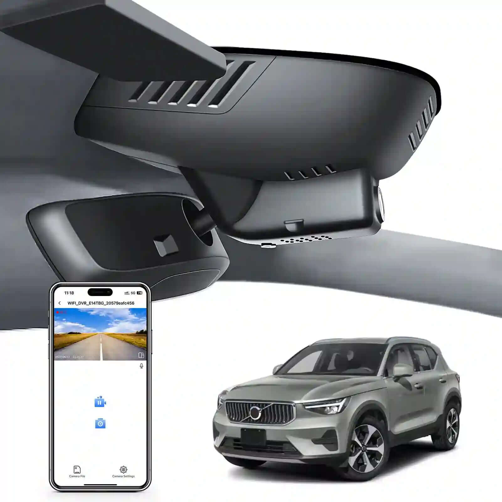 Car rearview mirror built-in dash cam with smartphone app control, 4K Ultra HD recording, GPS tracking, and Volvo XC40 SUV models in the background.