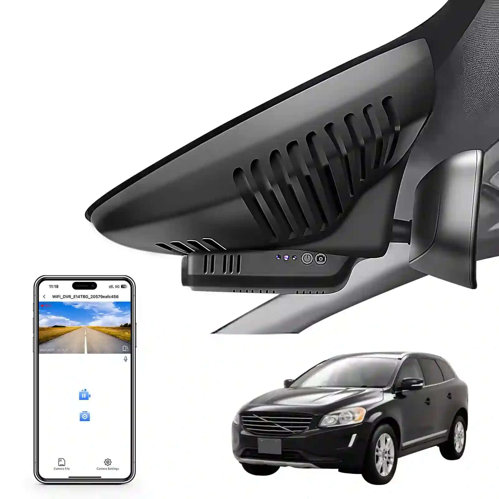 Car rearview mirror built-in dash cam with smartphone app control, 4K Ultra HD recording, GPS tracking, and Volvo XC60 SUV models in the background.