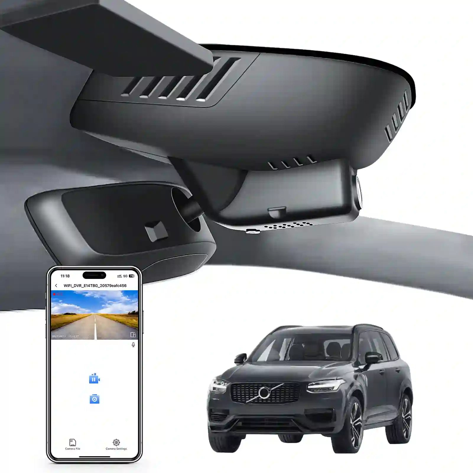 Car rearview mirror built-in dash cam with smartphone app control, 4K Ultra HD recording, GPS tracking, and Volvo XC90 SUV models in the background.