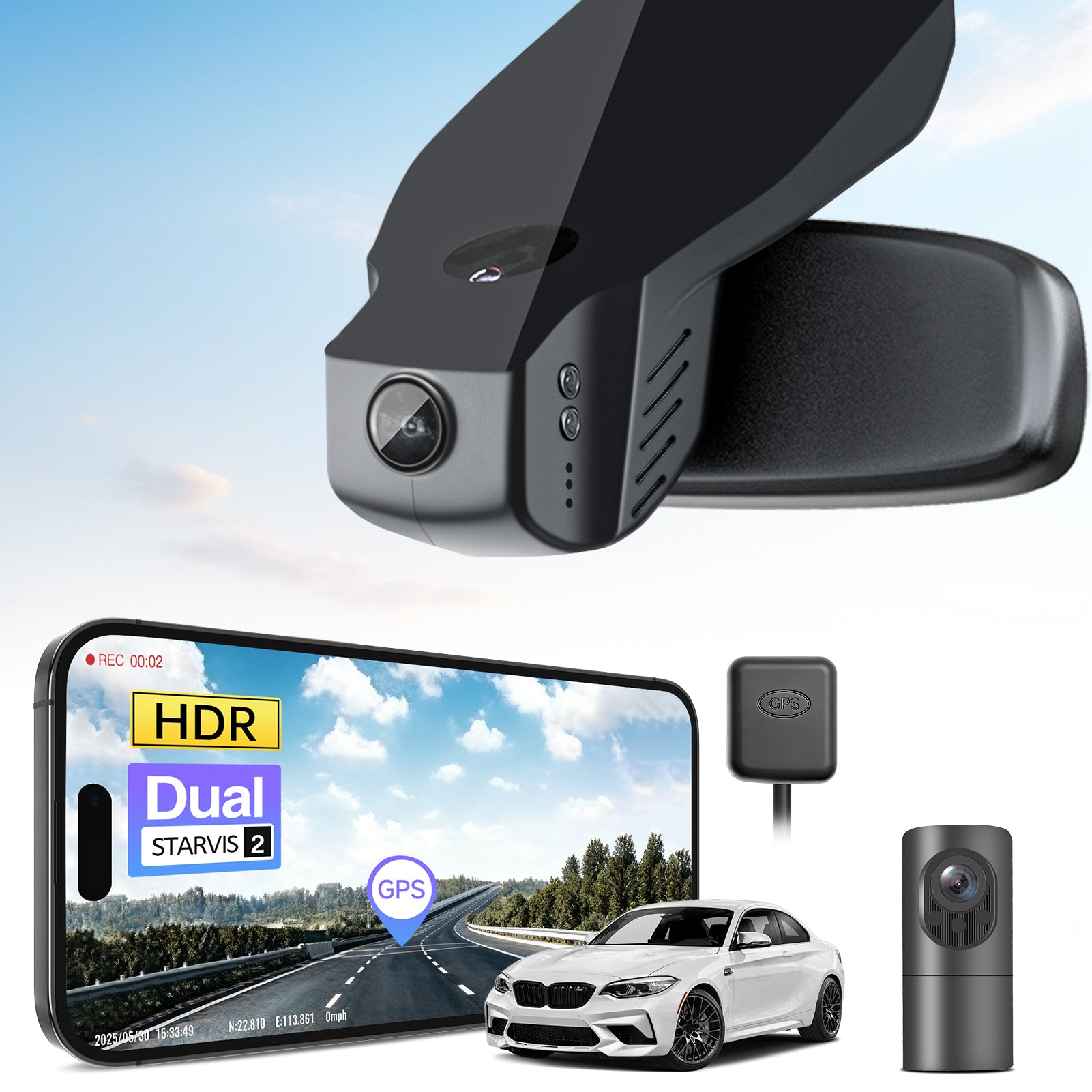 2 channel dash cam with dual STARVIS 2, features smartphone app control, 4K Ultra HD recording, GPS tracking, and BMW 2 Series M2 in the background. 