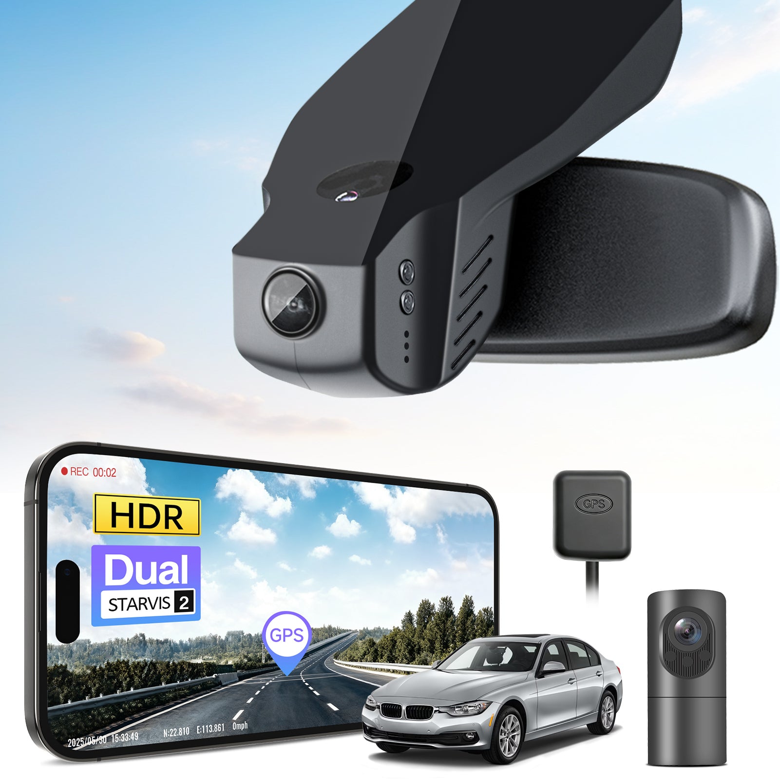 2 channel dash cam with dual STARVIS 2, features smartphone app control, 4K Ultra HD recording, GPS tracking, and BMW 3 Series Gen6 in the background. 