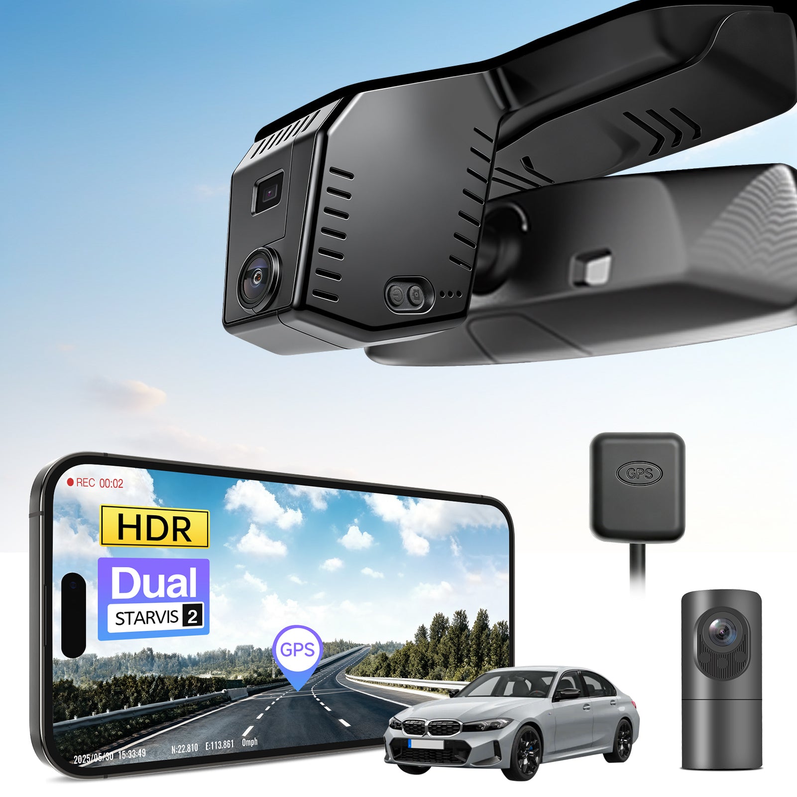 2 channel dash cam with dual STARVIS 2, features smartphone app control, 4K Ultra HD recording, GPS tracking, and BMW 3 Series Gen7 in the background. 