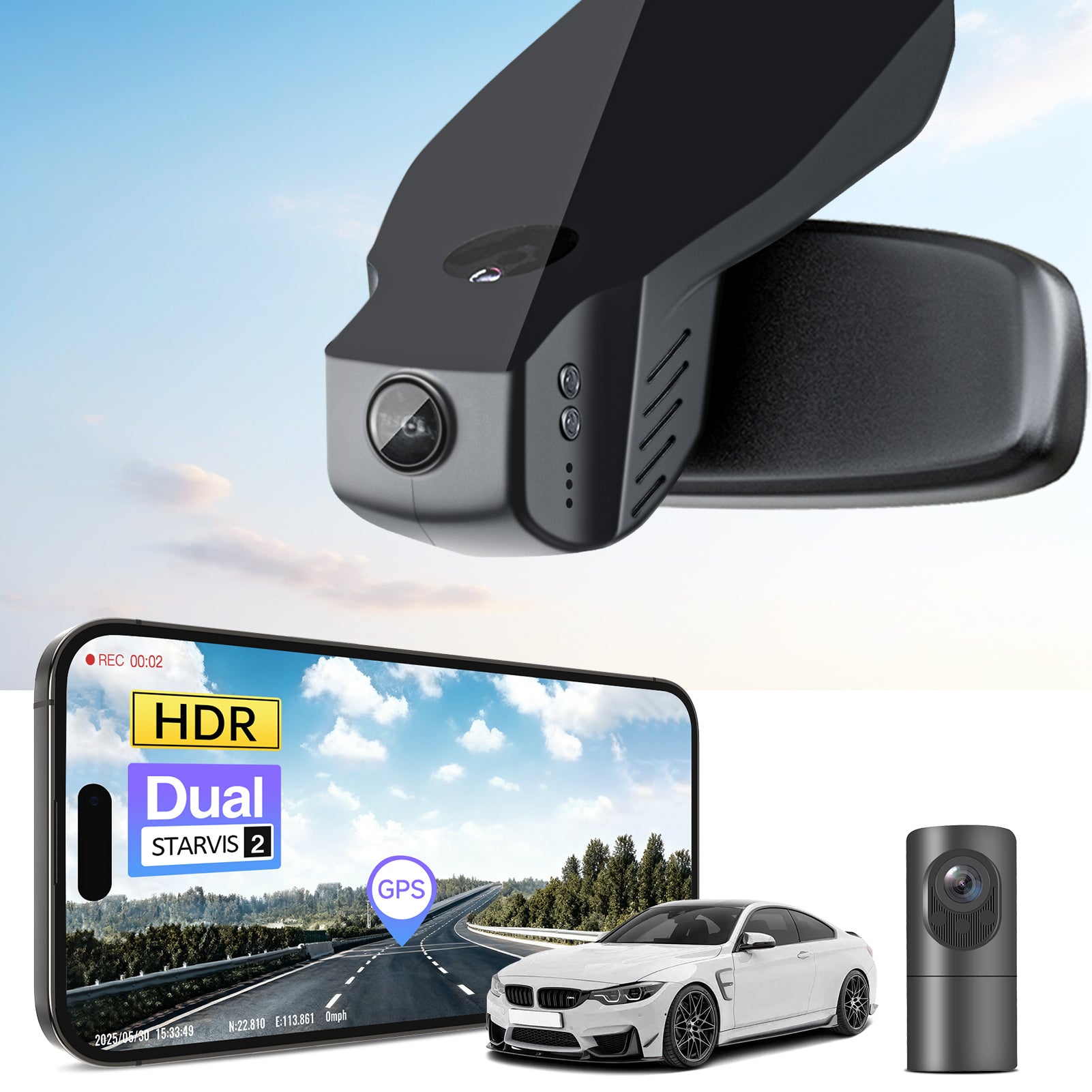 2 channel dash cam with dual STARVIS 2, features smartphone app control, 4K Ultra HD recording, GPS tracking, and BMW 4 Series Gen1 in the background. 