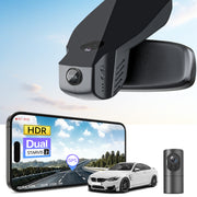 2 channel dash cam with dual STARVIS 2, features smartphone app control, 4K Ultra HD recording, GPS tracking, and BMW 4 Series Gen1 in the background. 