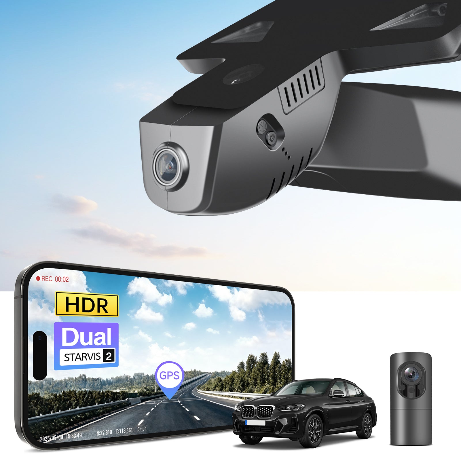 2 channel dash cam with dual STARVIS 2, features smartphone app control, 4K Ultra HD recording, GPS tracking, and BMW 4 Series Gen2 in the background. 