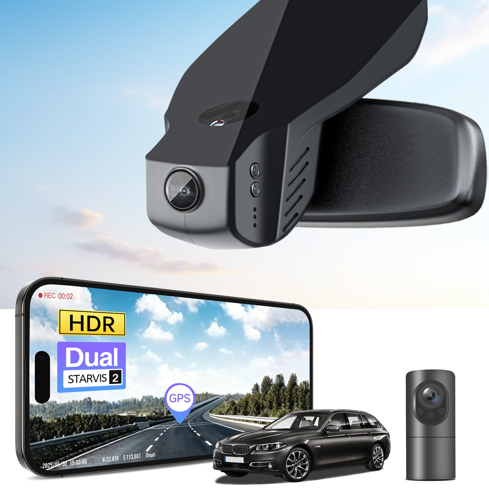 2 channel dash cam with dual STARVIS 2, features smartphone app control, 4K Ultra HD recording, GPS tracking, and BMW 5 Series Gen6 in the background. 