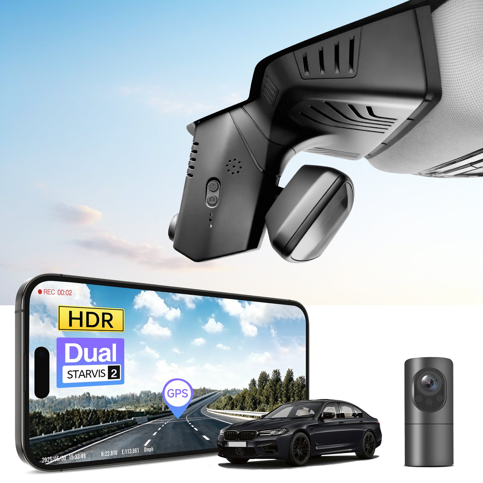 2 channel dash cam with dual STARVIS 2, features smartphone app control, 4K Ultra HD recording, GPS tracking, and BMW 5 Series Gen7 in the background. 