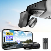 2 channel dash cam with dual STARVIS 2, features smartphone app control, 4K Ultra HD recording, GPS tracking, and BMW 5 Series Gen7 in the background. 