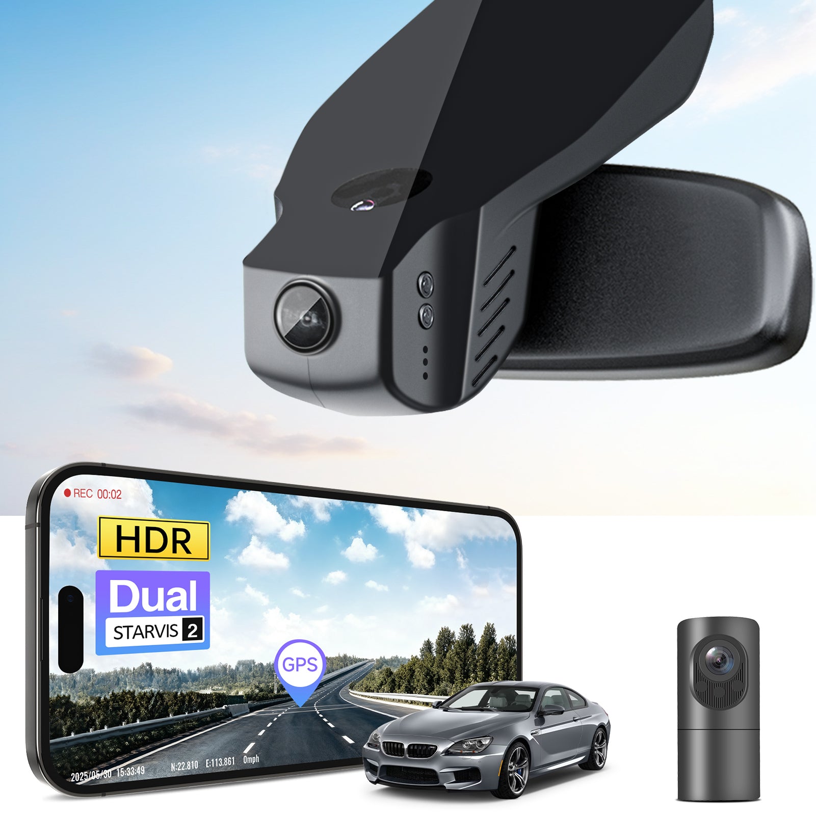 2 channel dash cam with dual STARVIS 2, features smartphone app control, 4K Ultra HD recording, GPS tracking, and BMW 6 Series Gen3 in the background. 