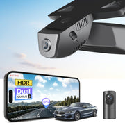 2 channel dash cam with dual STARVIS 2, features smartphone app control, 4K Ultra HD recording, GPS tracking, and BMW 8 Series Gen2 in the background. 