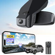 2 channel dash cam with dual STARVIS 2, features smartphone app control, 4K Ultra HD recording, GPS tracking, and BMW X1 Gen2 SUV models in the background. 