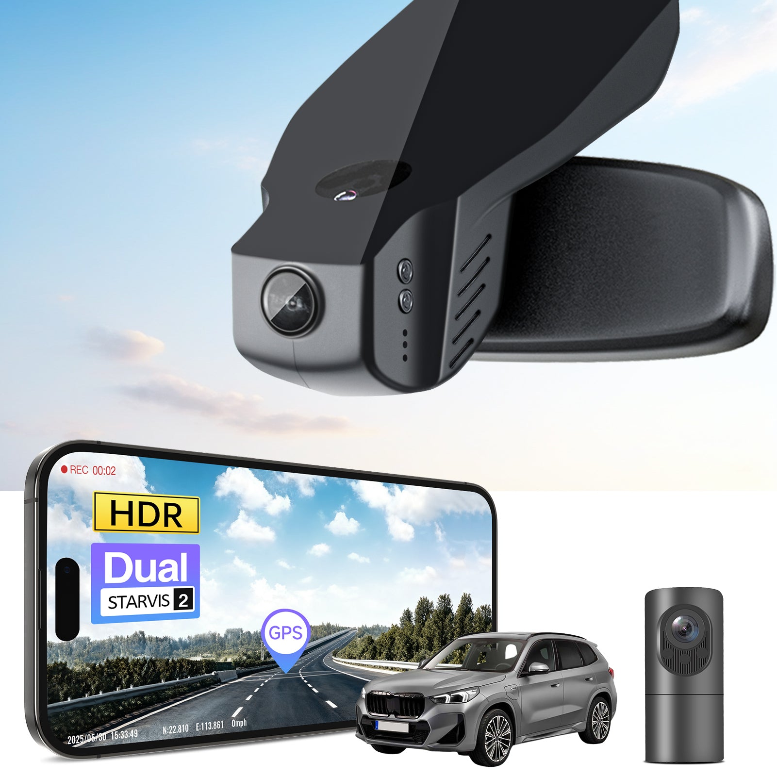 2 channel dash cam with dual STARVIS 2, features smartphone app control, 4K Ultra HD recording, GPS tracking, and BMW X1 Gen2 SUV models in the background. 