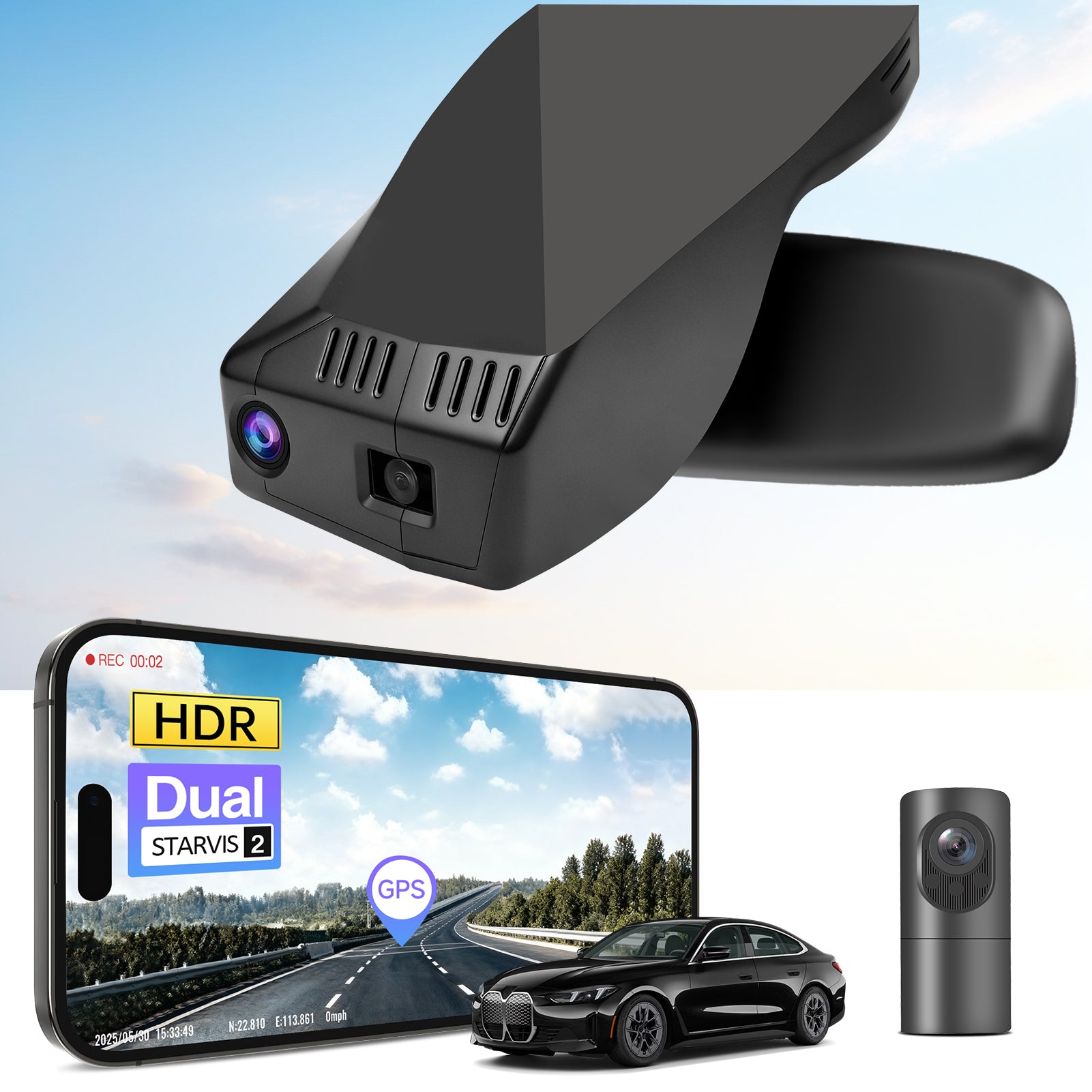 2 channel dash cam with dual STARVIS 2, features smartphone app control, 4K Ultra HD recording, GPS tracking, and BMW i4 Coupe in the background. 