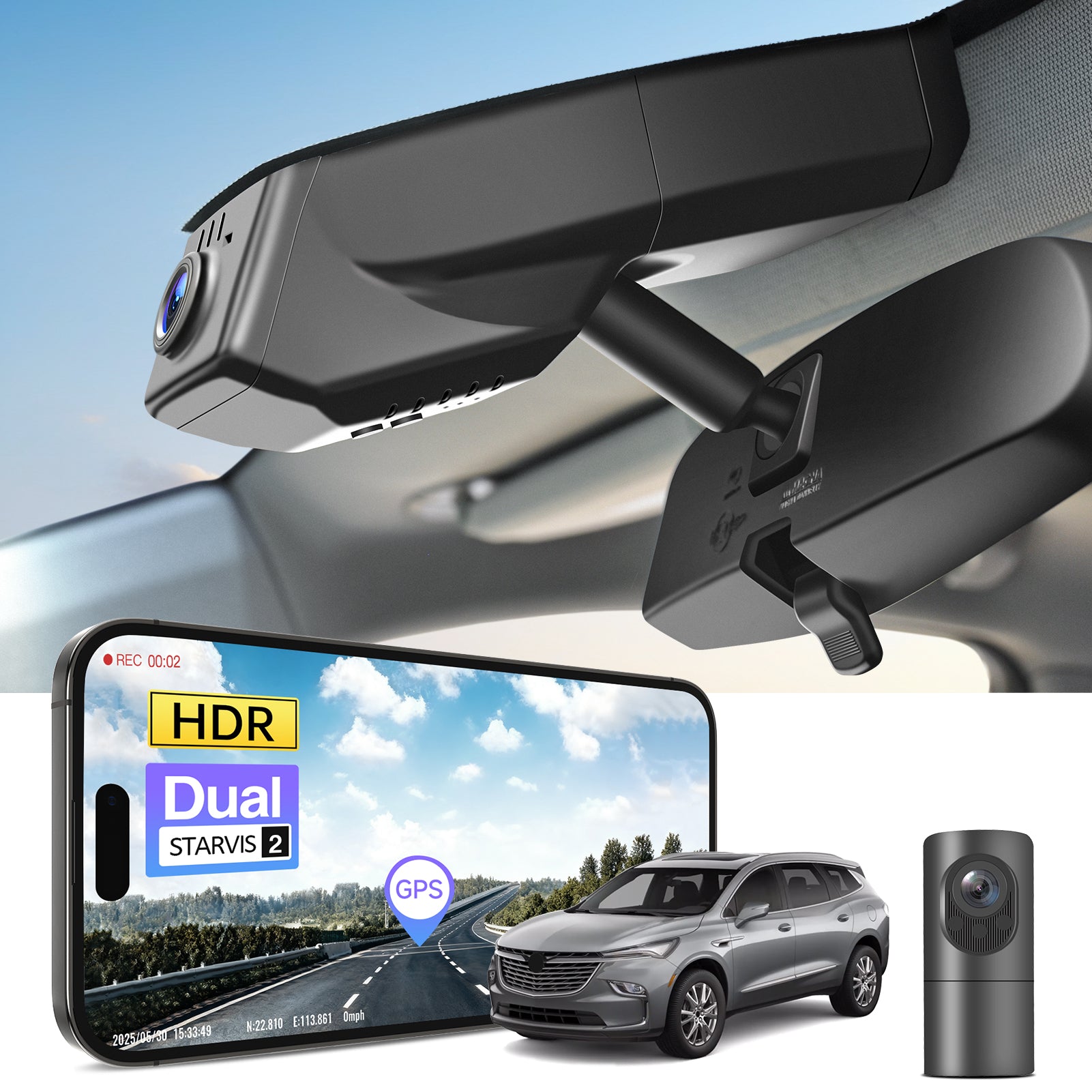 Car dual channel dash camera system, smartphone app control, 4K Ultra HD recording, GPS tracking, and Buick Enclave SUV models in the background. 