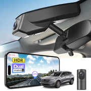 Car dual channel dash camera system, smartphone app control, 4K Ultra HD recording, GPS tracking, and Buick Enclave SUV models in the background. 