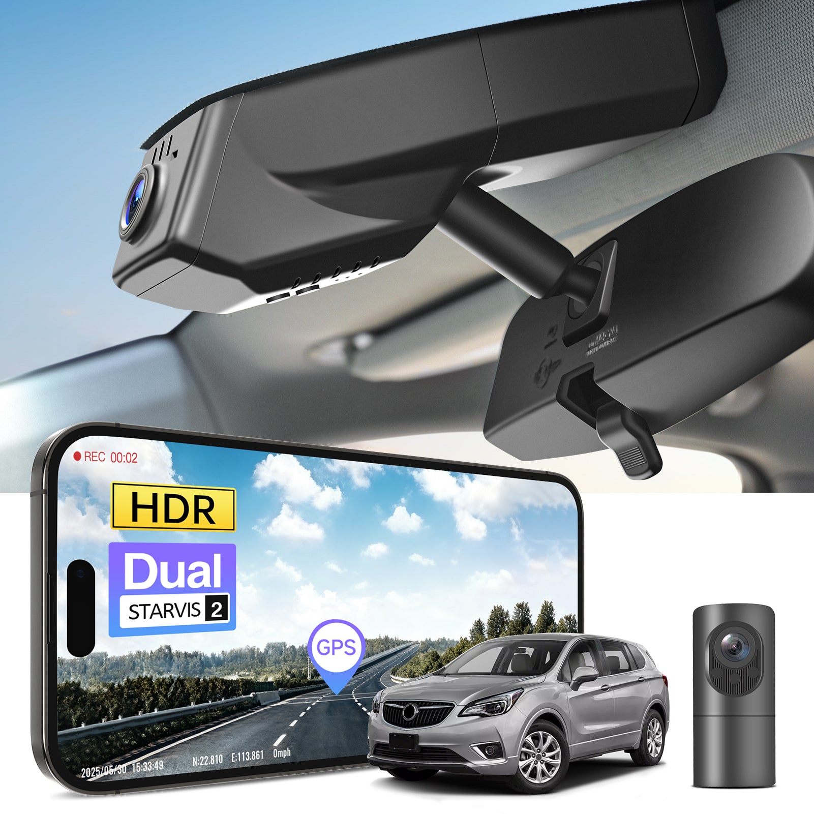Car dual channel dash camera system, smartphone app control, 4K Ultra HD recording, GPS tracking, and Buick Envision SUV models in the background. 