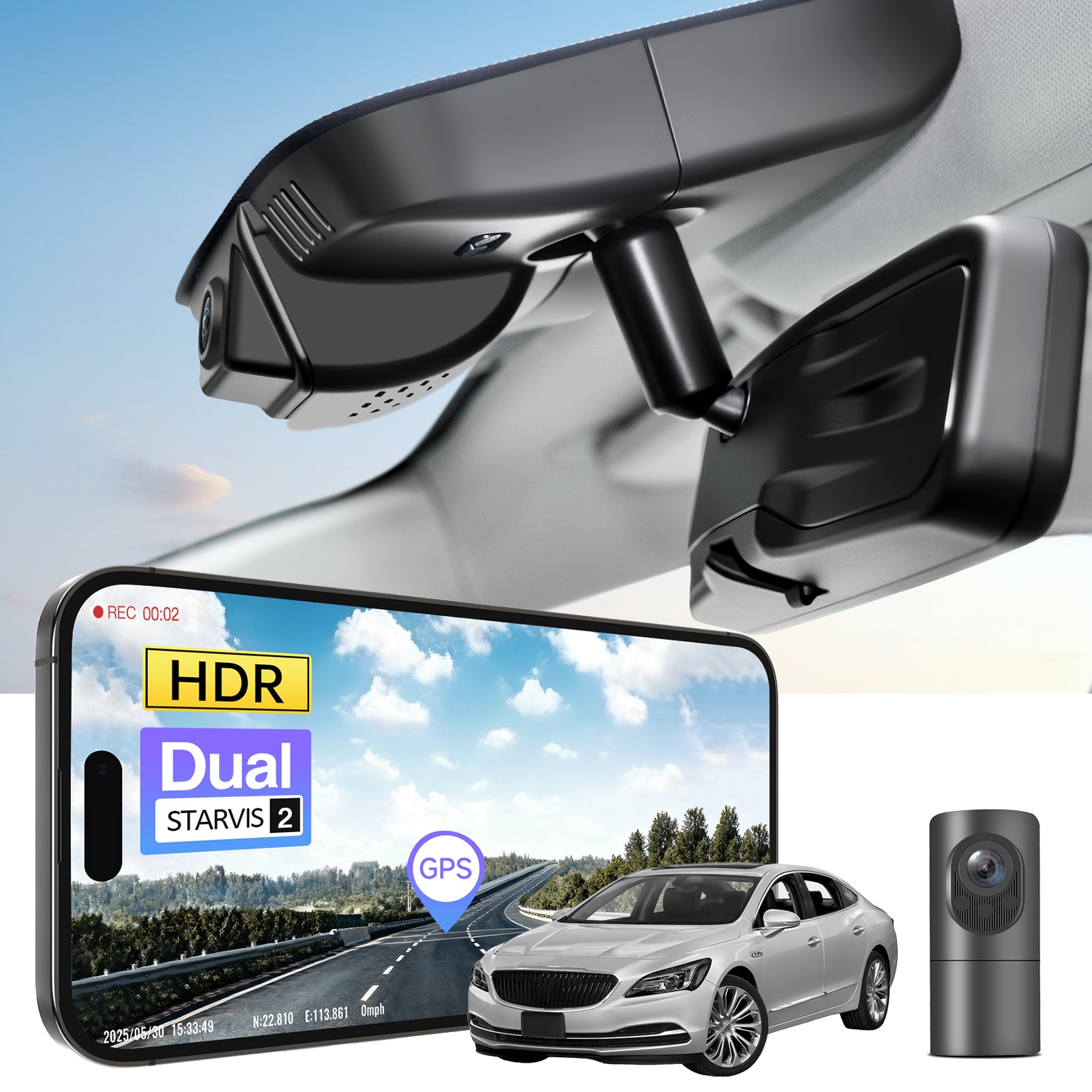 Car dual channel dash camera system, displaying smartphone app control, 4K Ultra HD recording, GPS tracking, and Buick Lacrosse Sedan models in the background. 