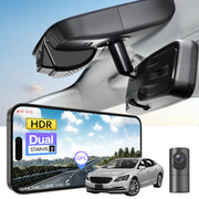 Car dual channel dash camera system, displaying smartphone app control, 4K Ultra HD recording, GPS tracking, and Buick Lacrosse Sedan models in the background. 
