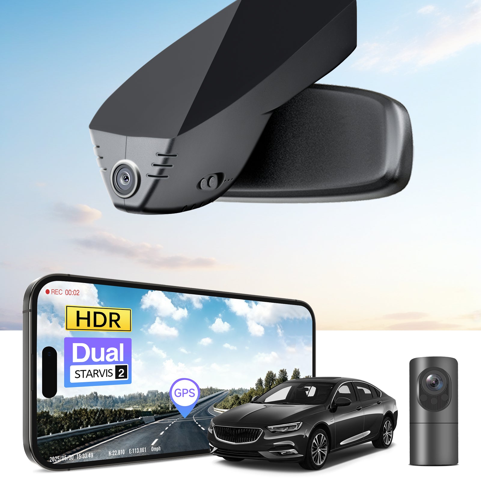 Car dual STARVIS 2 2CH dash camera , displaying smartphone app control, 4K Ultra HD recording, GPS tracking, and Buick Regal Sedans models in the background. 