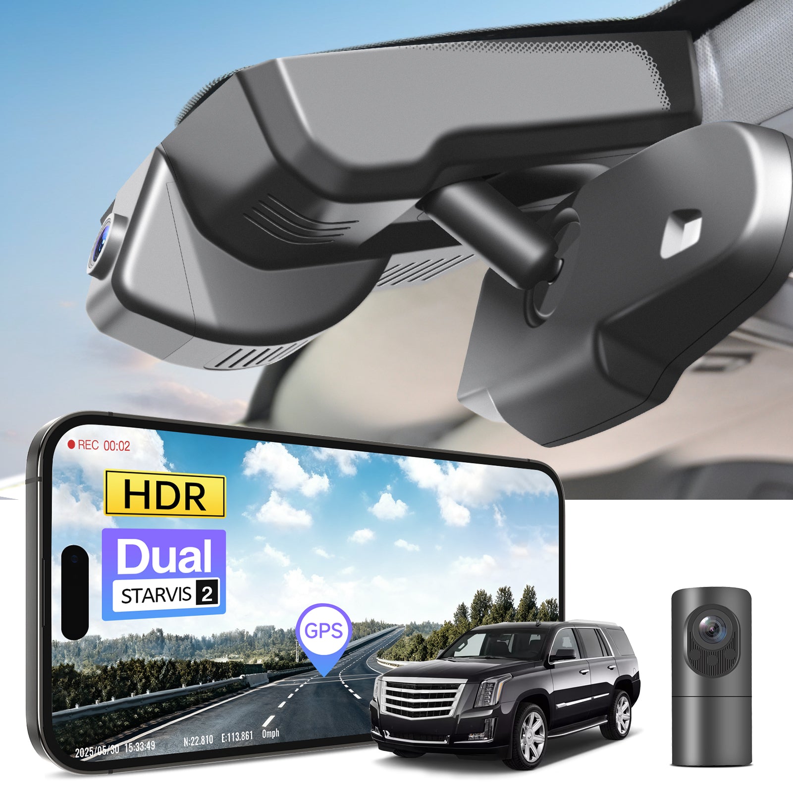 2 channel dash cam with dual STARVIS 2, features smartphone app control, 4K Ultra HD recording, GPS tracking, and Cadillac-Escalade SUV models in the background. 