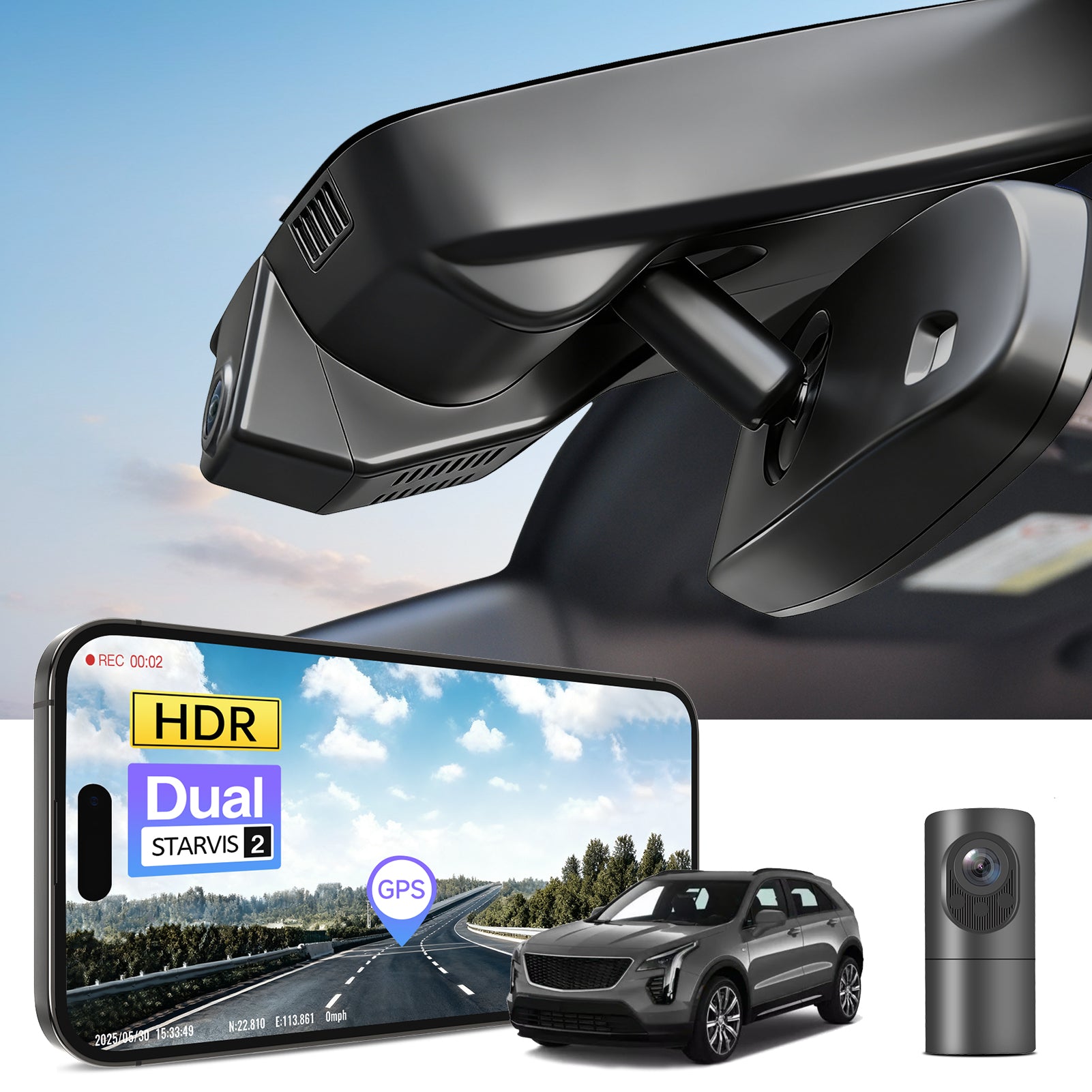 2 channel dash cam with dual STARVIS 2, features smartphone app control, 4K Ultra HD recording, GPS tracking, and Cadillac XT4 SUV models in the background. 