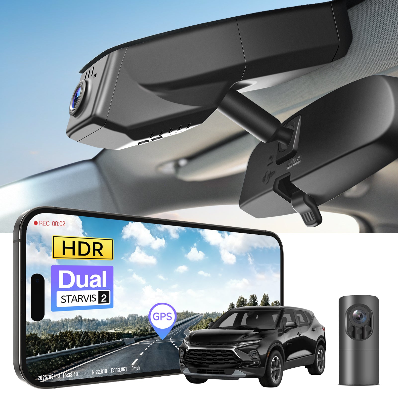 2 channel dash cam with dual STARVIS 2, features smartphone app control, 4K Ultra HD recording, GPS tracking, and Chevy Blazer SUV models in the background.  