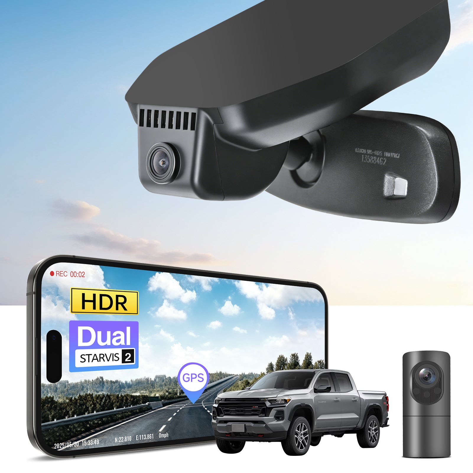 2 channel dash cam with dual STARVIS 2, features smartphone app control, 4K Ultra HD recording, GPS tracking, and Chevy Colorado Pickup models in the background.  