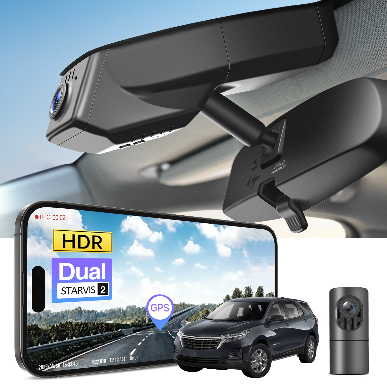 2 channel dash cam with dual STARVIS 2, features smartphone app control, 4K Ultra HD recording, GPS tracking, and Chevy Equinox SUV models in the background.  