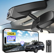 2 channel dash cam with dual STARVIS 2, features smartphone app control, 4K Ultra HD recording, GPS tracking, and Chevy Equinox SUV models in the background.  
